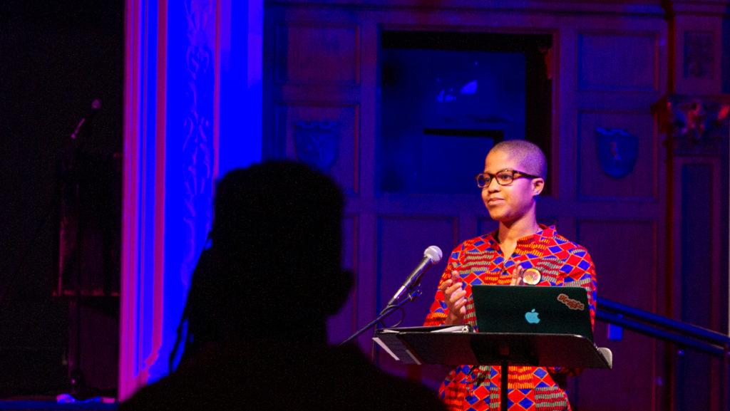 Qinfolk festival founder Candace Edwards speaks at the closing keynote celebration. The festival  focused on providing respectful and understanding spaces for queer and transgender people of color. 