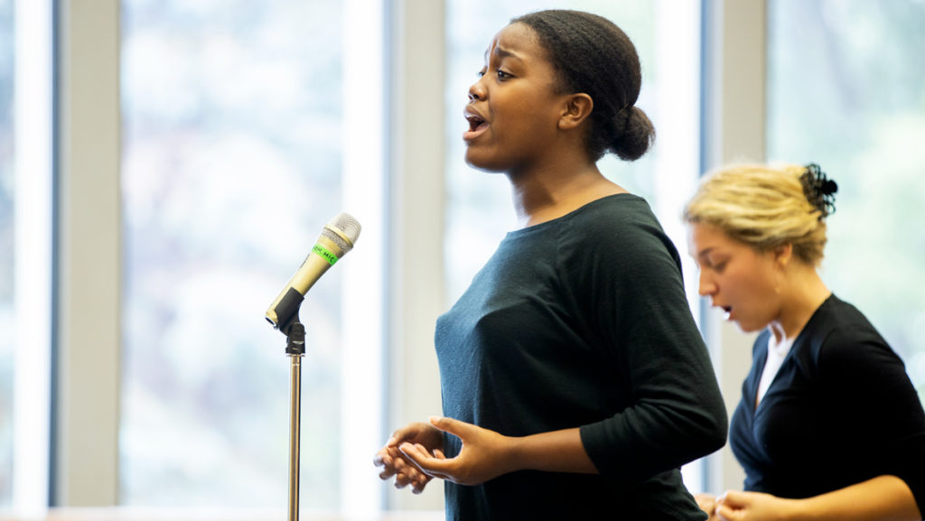 Junior Courtney Long practices at rehearsal for “Sister Act” on Sept. 14. Long became interested in theater in high school when she was casted in “Aida.”