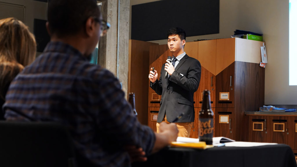 Sophomore Jay Lin presents EnterCare, his teams business idea to ensure employee sanitization Nov. 19 during Ithaca College Startup Idea Demo Day. Teams had the opportunity to pitch a business idea to three judges for $5,000.