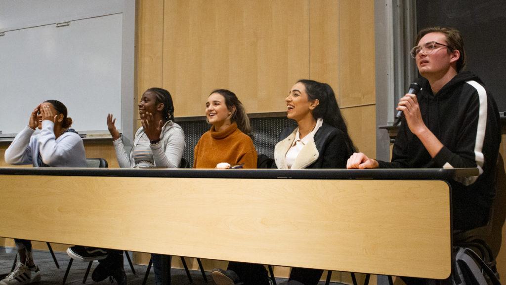 From left, sophomores Jaida Brown, Khangelani Mhlanga, and Laura Lourenco, junior Charu Gaur and sophomore Chris Thies talk about international student experiences.