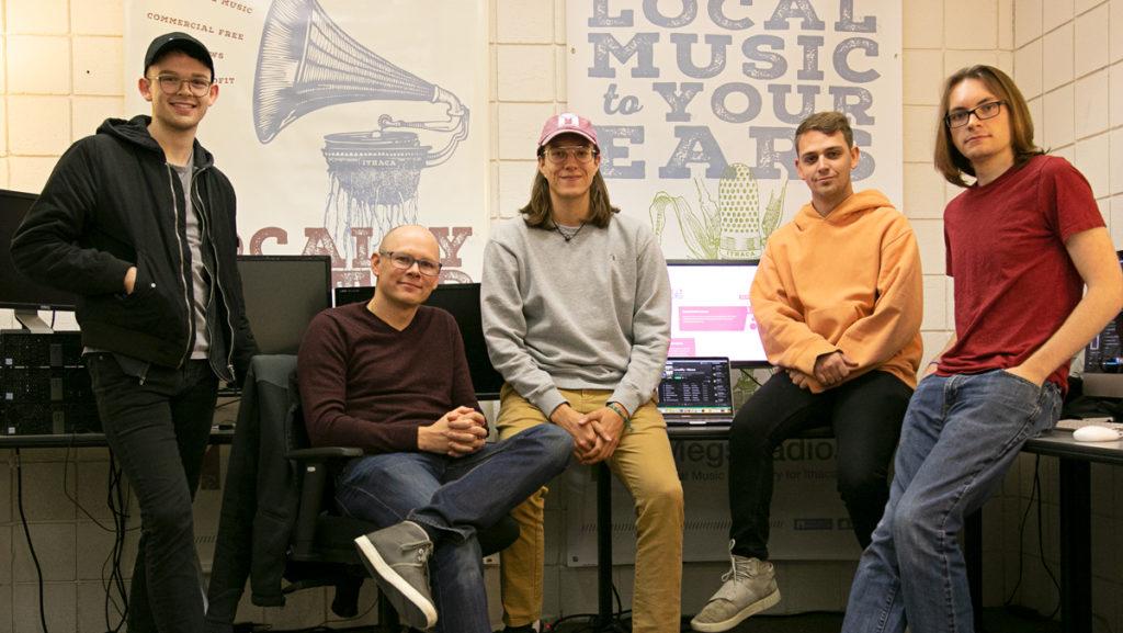 From left to right, junior Conner Shea; Doug Turnbull, associate professor in the Department of Computer Science; Tim Clerico 19, research assistant; junior Nic Wands; and senior Erich Ostendarp worked together to build the Localify App, which connects users to new local music through their Spotify playlists. .