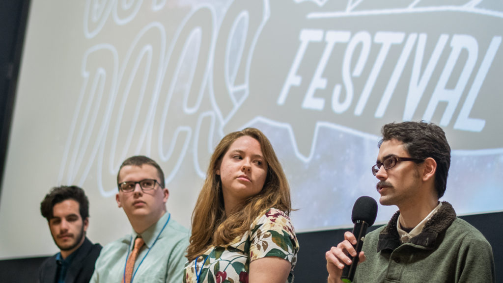 From left, filmmakers senior Alex Klein, Elias Olsen ’19, junior Clara Montague and Aaron Kelly-Penso answer questions about their films at the Outer Docs Film Festival.