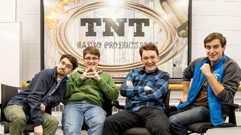 From left, TNT Radio executive board junior Tyler Jennes, sophomore Tristan Berlet, sophomore Noah Pantano and sophomore Jay Bradley. TNT Radio Productions is a new  radio production group that produces creative long-form audio stories.