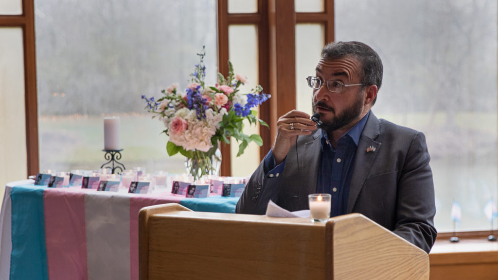 Luca Maurer, Director of LGBTQ Education, Outreach and Services speaks at the Trans Day of Remembrance gathering Nov. 20. The Office of Religious and Spiritual Life and the Center for LGBT Education, Outreach and Services hosted the event.