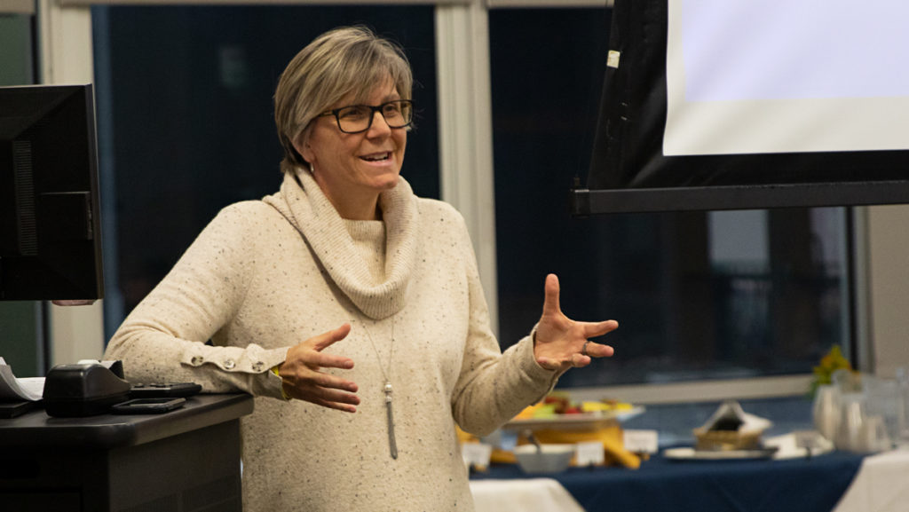 Laurie Koehler, vice president of marketing and enrollment strategy, spoke to the Ithaca College Faculty Council about improving retention rates at the college at its meeting Dec. 3.  The college admitted 10,326 students and enrolled 1,506 freshman students for the 2019–20 academic year. 