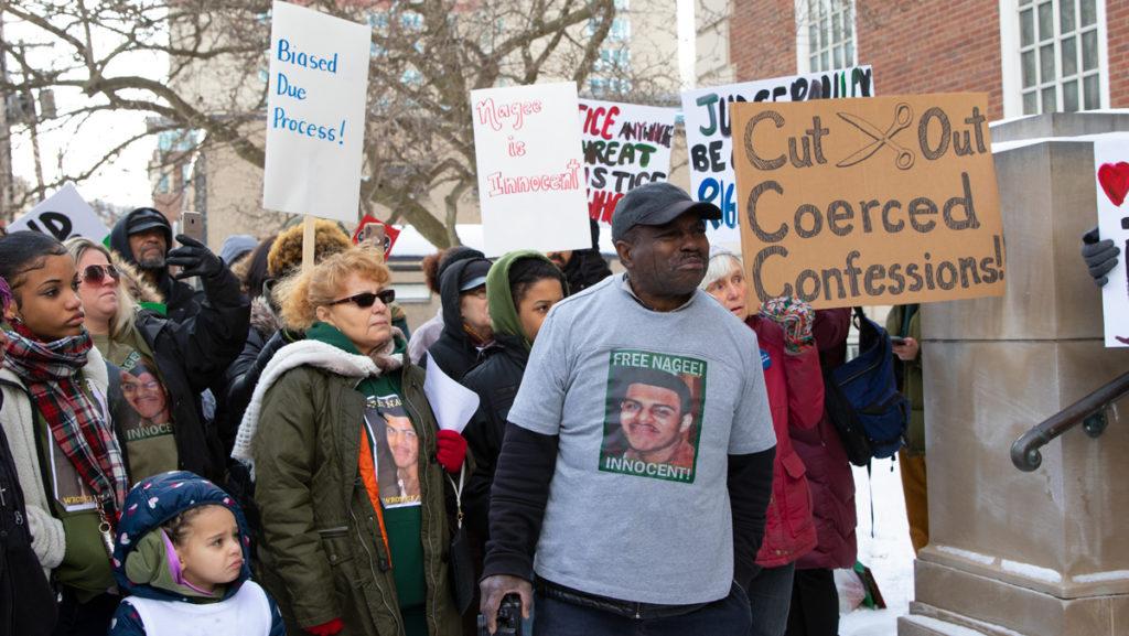 Approximately 50 Ithaca community members gathered Jan. 20 outside the Tompkins County Courthouse to urge the court to vacate the judgment against Nagee Green, who was convicted of murdering Ithaca College student Anthony Nazaire in August 2016. 