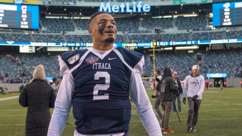 Will Gladney. former wide receiver, celebrates after the Bombers win in the Cortaca Jug game at MetLife Stadium. Gladney is currently training for the NFL draft.