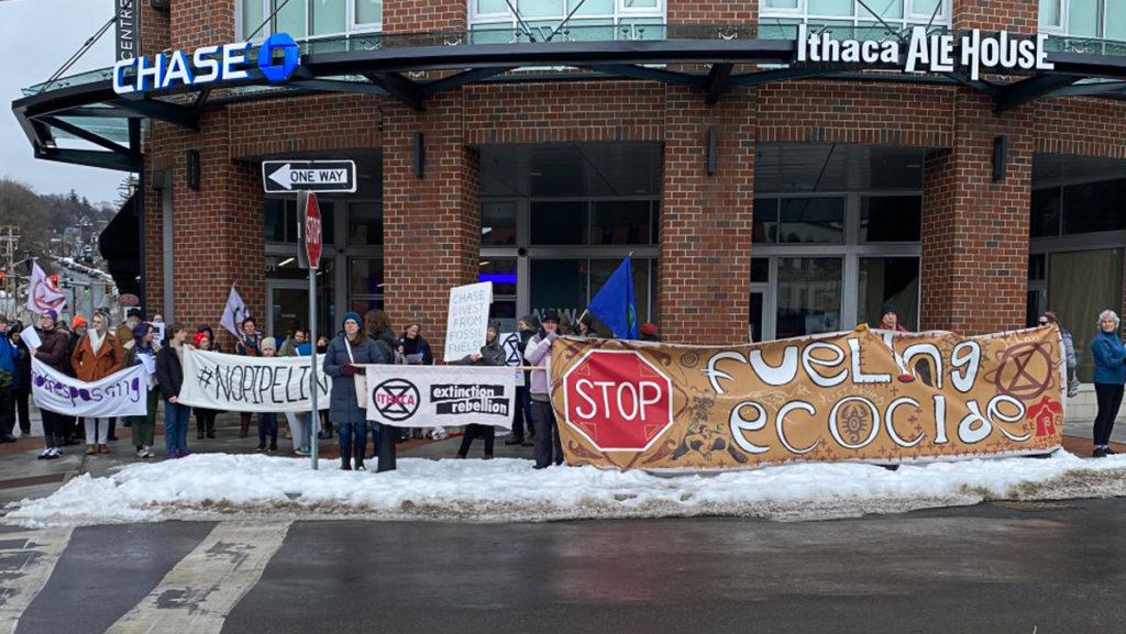 The protest, which lasted for five hours, was led by Ithaca’s chapter of Extinction Rebellion U.S., an organization that uses nonviolent civil disobedience to demand change. The group was protesting because of its concern that Chase Bank is financially supporting businesses linked to climate change and human rights abuses.