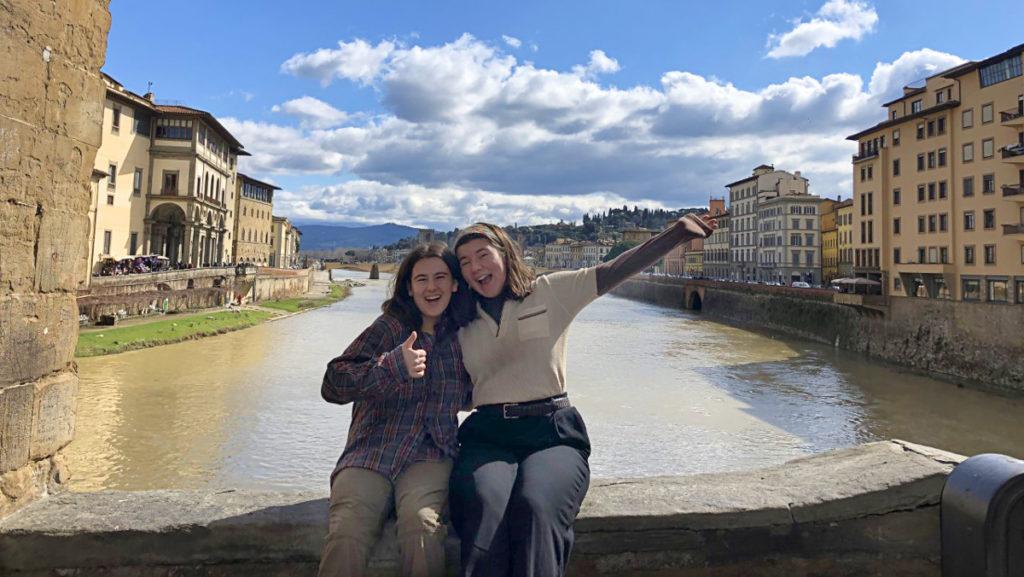 From left, juniors Laura OBrien and Carly Swanson visit the Ponte Vecchio in Florence, Italy while studying abroad in Spring 2020.