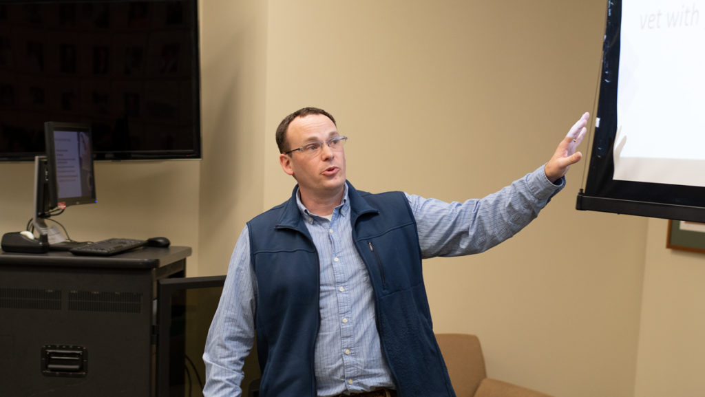 David Gondek, associate professor in the Department of Biology, presented on a proposal to create a course in between freshman seminars and capstone courses to help connect students’ overall educational experience within the different perspectives to their overall ICC themes,
