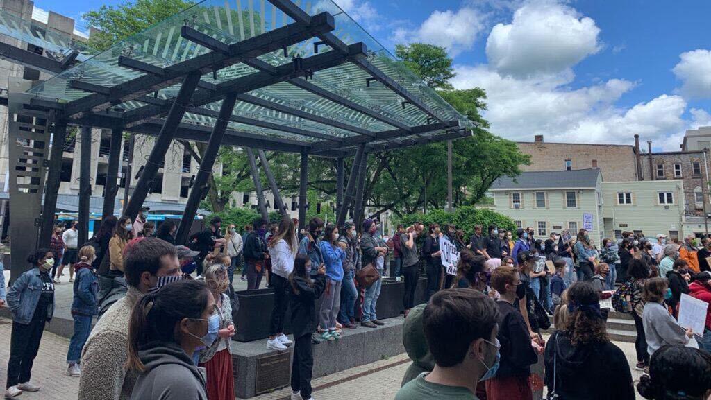 Hundreds of protestors gathered on The Commons on May 31 to memorialize George Floyd, a black man who was killed in police custody, and protest against police violence against black people. This was the first gathering, which will be held weekly.