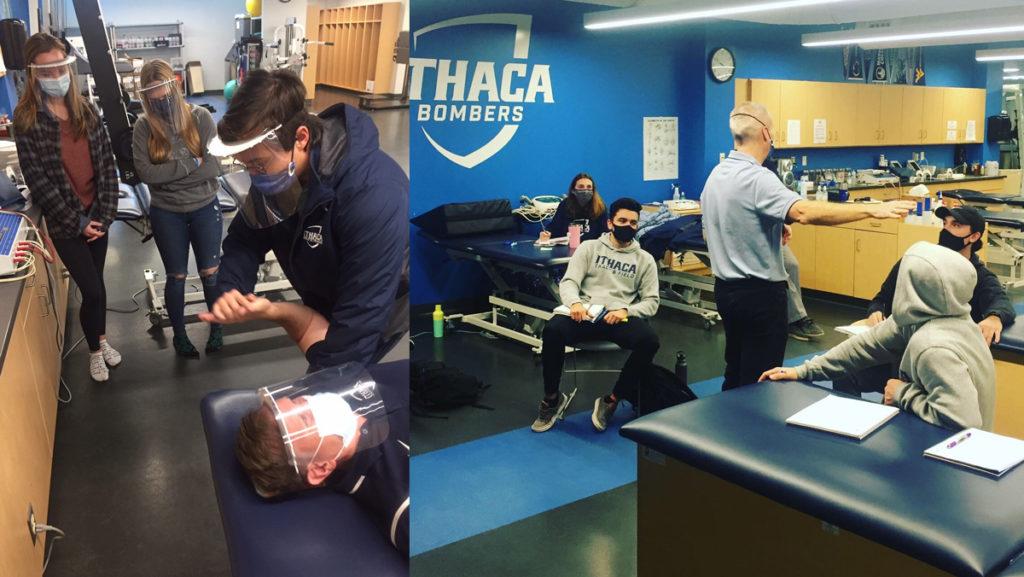 On the left, three Ithaca College senior athletic training majors practice on Patrick McKeon, associate professor in the Department of Exercise Science and Athletic Training, in clinical education experiences. On the right, Todd Lazenby, clinical professor in the Department of Exercise Science and Athletic Training, teaches Therapeutic Interventions I to junior athletic training majors.