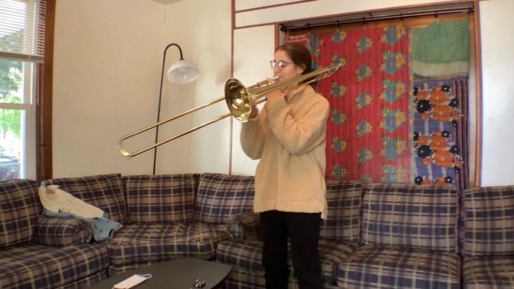 Ithaca College senior Karly Masters is learning two new instruments, trombone and French horn in F, this semester. She said that this has been difficult over Zoom because her professors cannot hear her play as much.