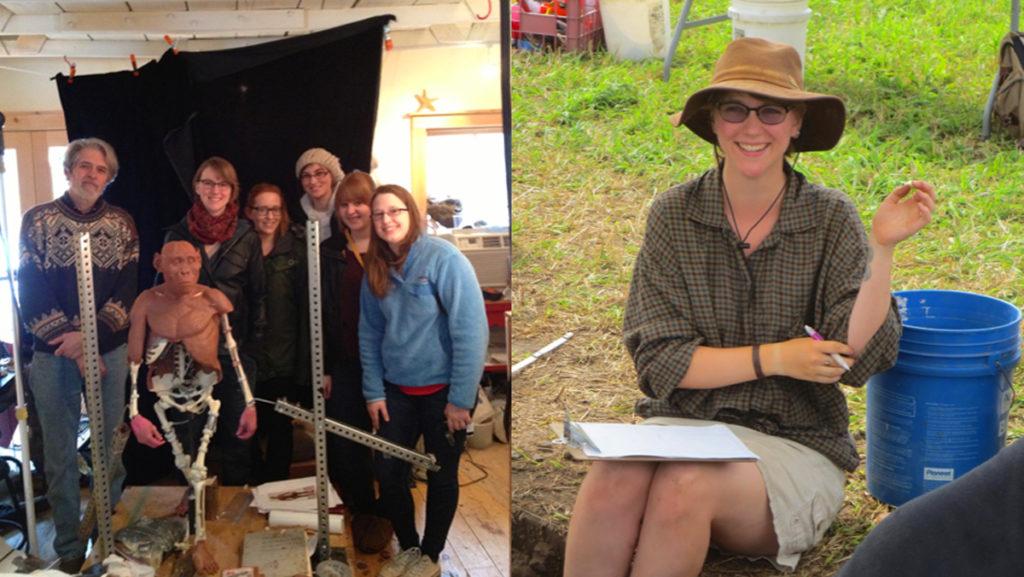 On the left, former anthropology students Geneva Faraci ‘16, Theodora Weatherby 16, Courtney Leo 16, Macy OHearn 13 and Allison Carter 13 met with paleo-artist John Gurche. On the right, OHearn participated in the excavation of Myers Farm in King Ferry, New York, as an undergraduate anthropology student in 2013.