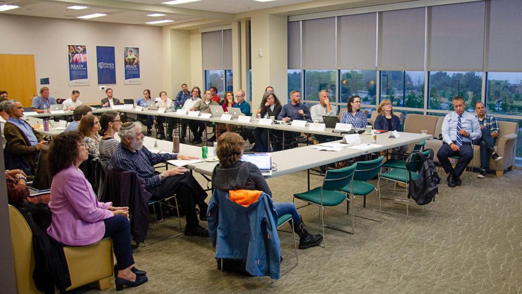 The Faculty Council at a meeting Sept. 5, 2017. The Ithaca College Faculty Council met with Tim Downs, vice president of Finance and Administration and chief financial officer, and discussed the college’s financial status.