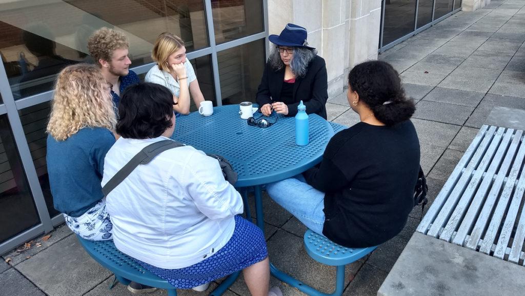 Fae Dremock, assistant professor in the Department of Environmental Studies and Sciences, welcomes freshmen to the department at the Fall 2019 Ice Cream Social.