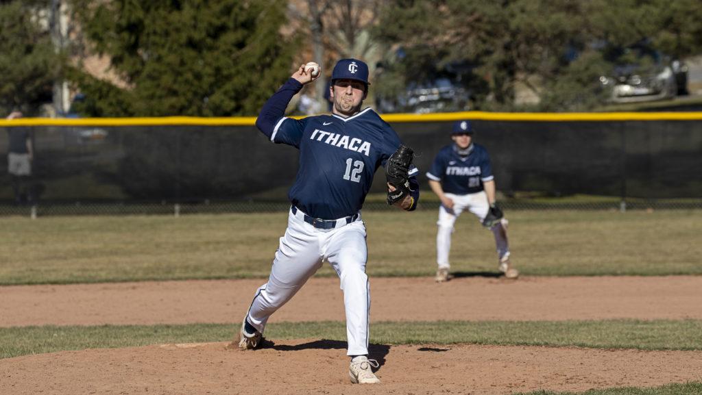 Freshman Matteo Ragusa pitches in a doubleheader against Elmira College on March 23 on Freeman Field. The Bombers won both games against the Eagles.