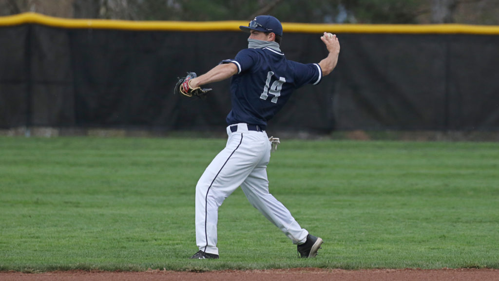 Freshman outfielder Colin Shashaty makes a defensive play during the baseball teams doubleheader sweep against Vassar College,