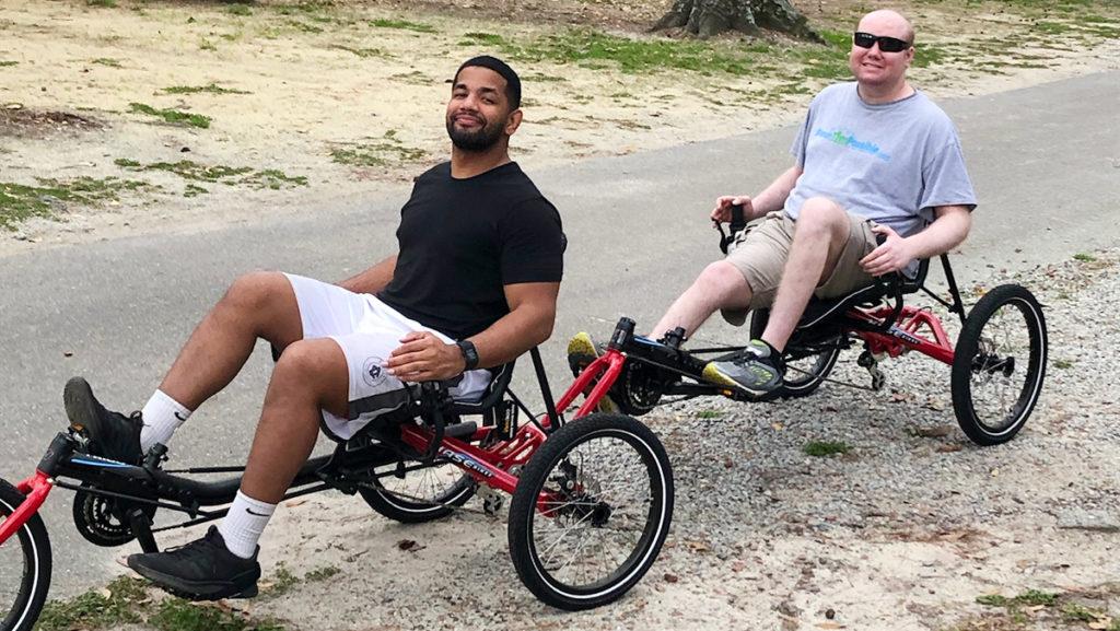 Carlos Toribio ‘18 and Tim Conners ‘17 practice before they begin their journey riding the Northern Tier Bike Route from Washington to Maine on June 6.