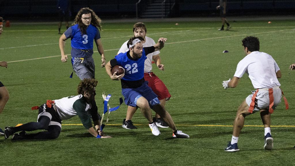 Flag football is one of the two Block I intramural sports being currently offered. Games are played Sunday nights at Higgins Stadium.
