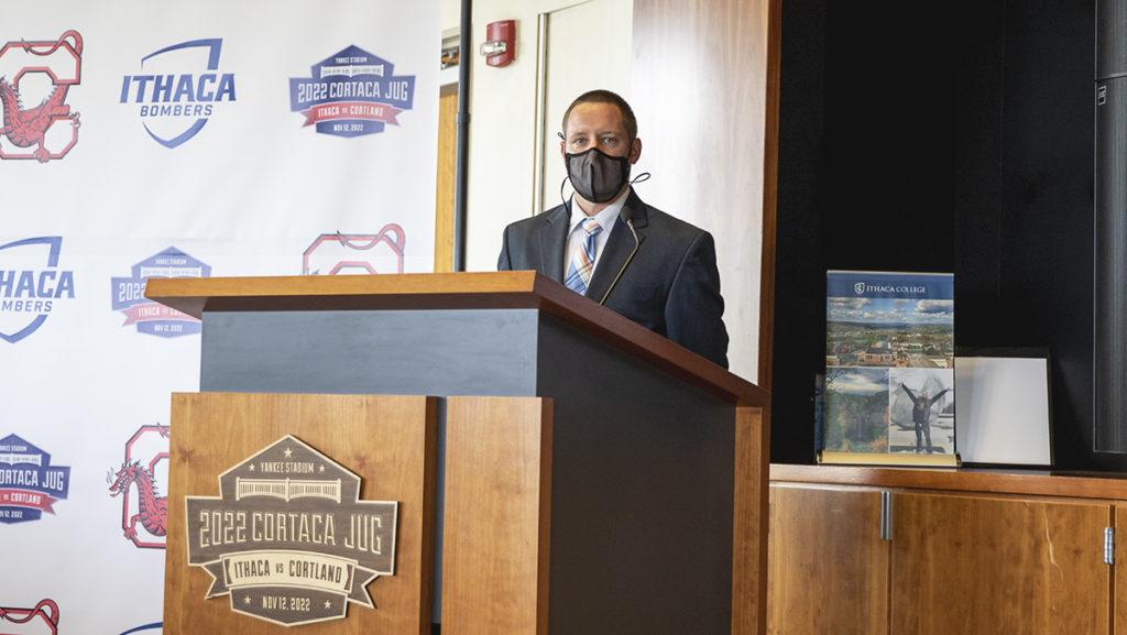 Justin Lutes, Associate Director of Athletic Communications, announces that Ithaca College and SUNY Cortland are set to face-off at 1 p.m. on Nov. 12, 2022 at Yankee Stadium. 