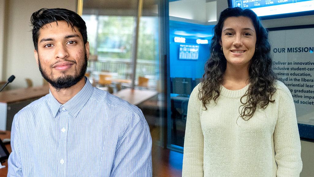 From left, seniors Siddique Ahmed and Melissa Buxton are officers of POC in Finance and Women in Finance, respectively.