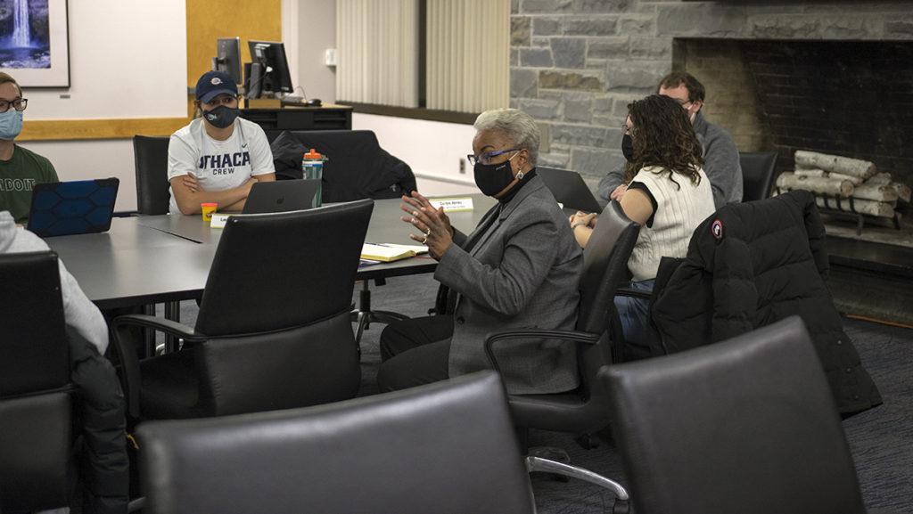 La Jerne Cornish, interim president of Ithaca College, said she wanted to focus on three words for the 2021–22 academic year: intentionality, connection and care. She also said she wanted to hear what members of the SGC had to say and what they wanted to discuss.