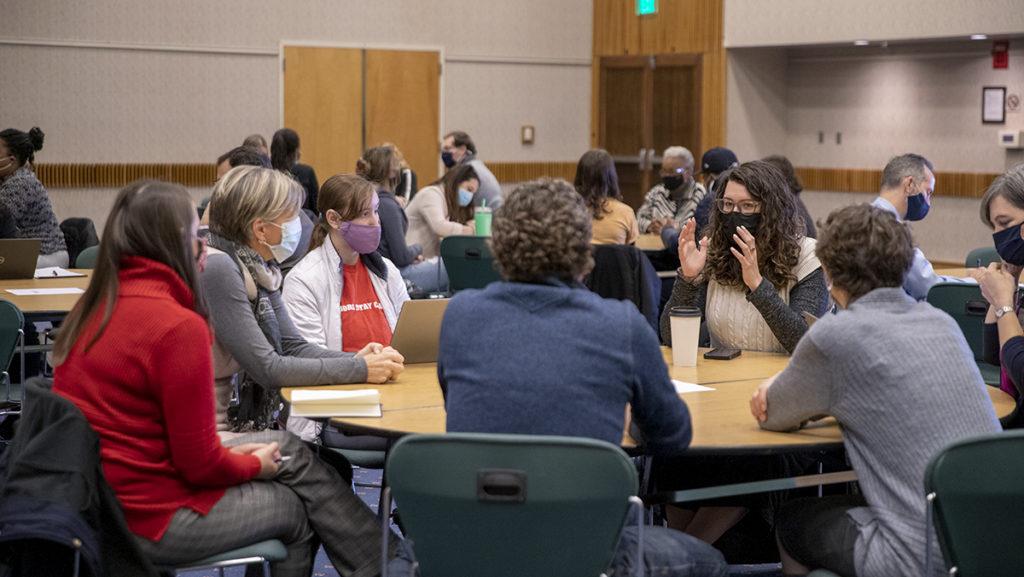 The session included about 15 students, seven SLT members and seven members of the SGC divided among six tables to have small group discussions on what has gone well since returning to campus and what has not been effective. A similar event was held in January 2021 over zoom and attracted around 80 participants. 