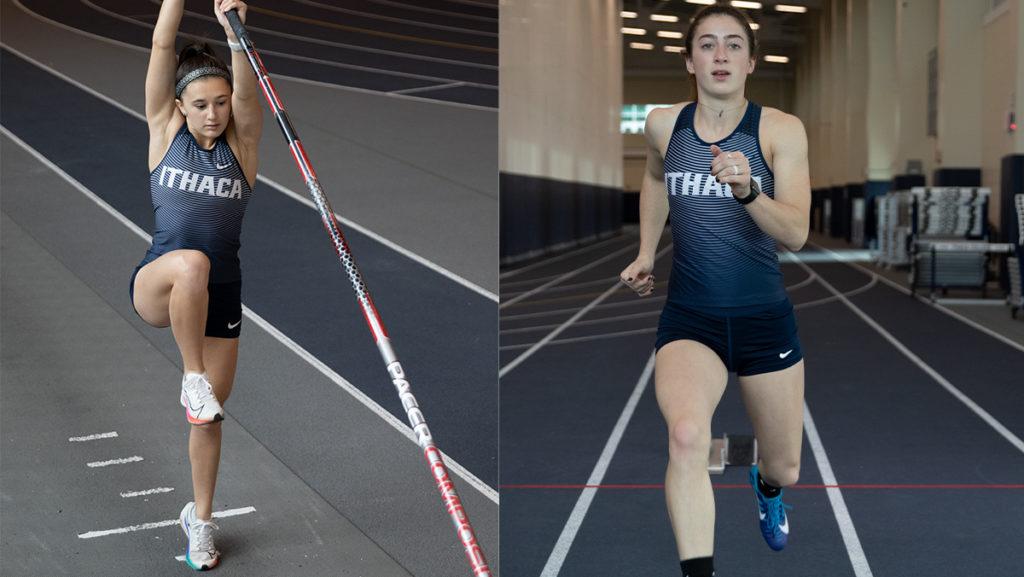 From left, seniors Meghan Matheny and Logan Bruce are prepared to win national titles this indoor season for the women's track and field team.