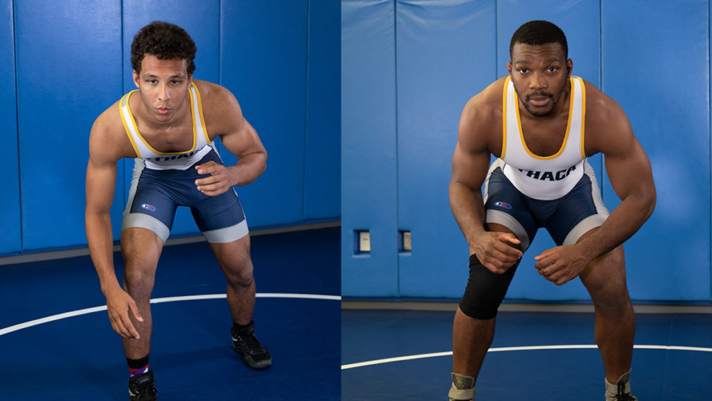 From left, junior Travis Jones and senior Eze Chukwuezi will look to lead the Ithaca College wrestling team this season. 