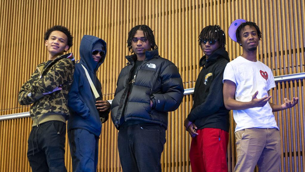 From left, freshman Brian Martinez, Omari Matthis, D’Andre Walker, RJ Dixon and David Simmons are members of the group Kings By Nature. They produce hip-hop and rap music at Ithaca College. Starting as a joke, the group decided to pursue music seriously after receiving positive feedback.