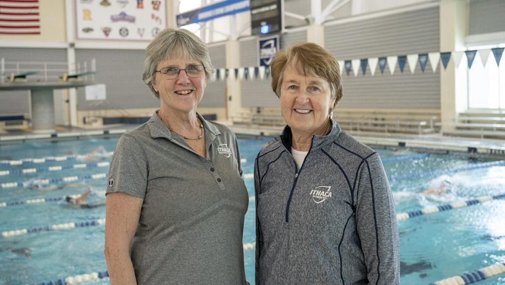 From left, Paula Miller and Susan Bassett were named to the College Swimming and Diving Association of Americas top 100 coaches in the past 100 years
