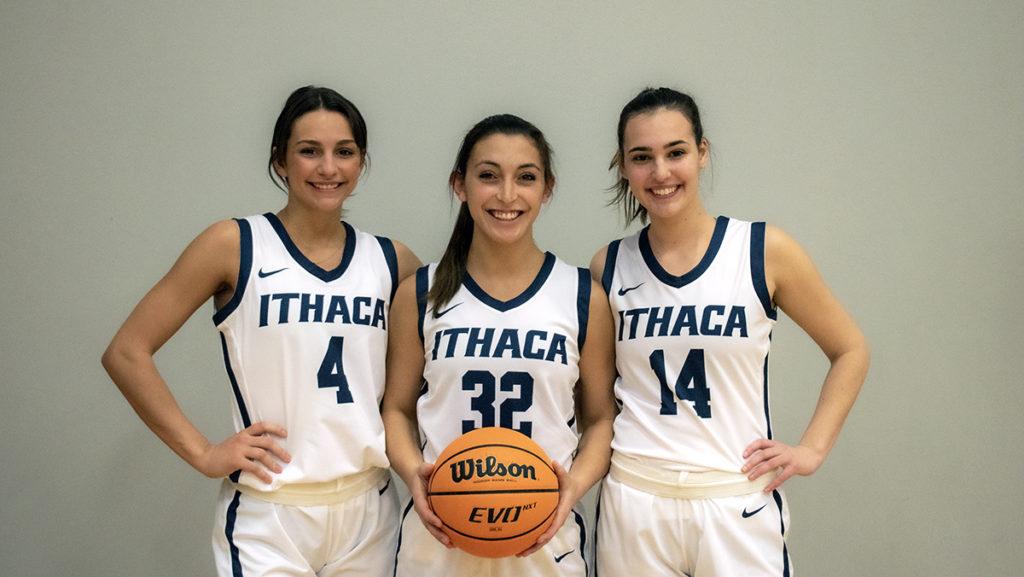 From left, graduate students Grace Cannon, Megan Yawman and Kelly Lamarre have returned to the Ithaca College women’s basketball team for a fifth year.
