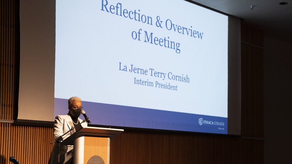 Interim President La Jerne Cornish began the meeting by introducing the speakers and thanking faculty, staff and students for making the return to campus and in-person classes possible.