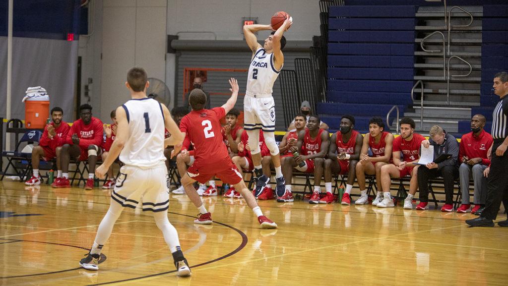 Senior guard Skylar Sinon takes a shot in the Ithaca College mens basketball teams 72–63 victory over SUNY Cortland Nov. 17. His career point total is currently at 1,019.