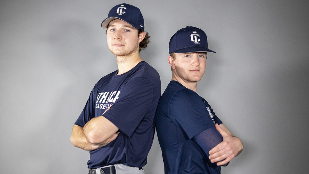 From left, senior pitcher Kyle Lambert and junior catcher Gil Merod. The Ithaca College baseball team ended with a 16–12–1 record in 2021, but hope to improve this season.