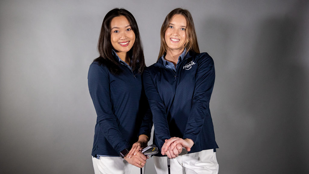 From left, seniors Katie Chan and Caitlin McGrinder of the Ithaca College golf team. The Bombers will be defending a conference title this season after winning the first Liberty League Championship in program history last year.