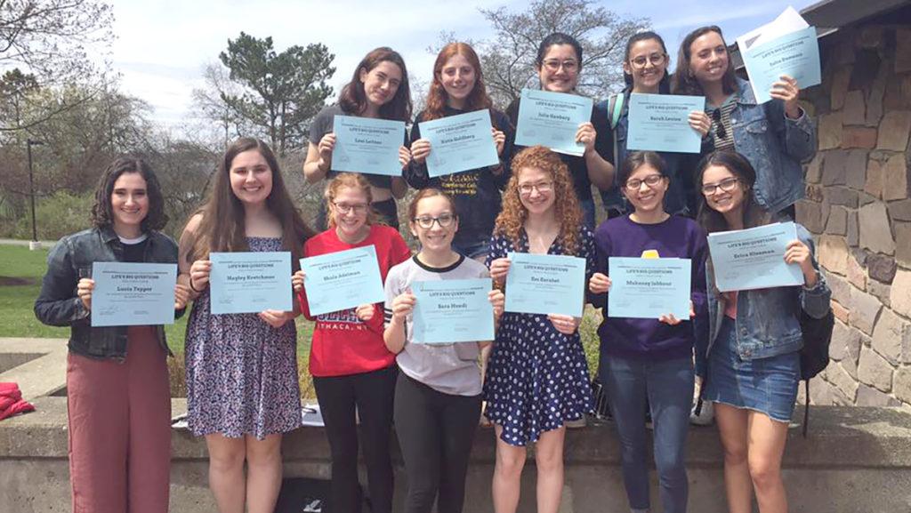 In Spring 2019, members of the Ithaca College Jewish Learning Fellowship (JLF) pose with their certificates after participating in JLF’s experiential learning program about Judaism. 