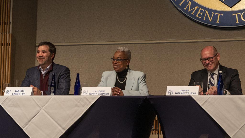 From left, David Lissy 87, chair of the Ithaca College Board of Trustees; La Jerne Terry Cornish, Ithaca College President; and Jim Nolan ’77, vice chair of the board of trustees congratulate Cornish being appointed president.
