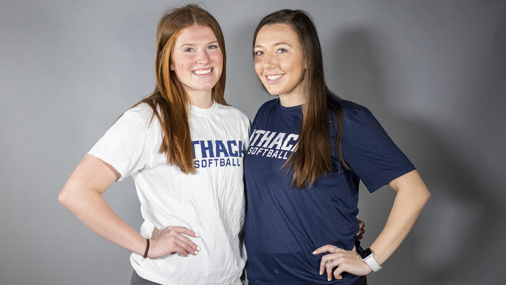 From left, junior pitcher Riley Piromalli and senior outfielder and catcher Julia Loffredo. The Ithaca College softball team lost 6–1 in the Liberty League Championship last season to the University of Rochester, who went on to make a run in the Division III NCAA tournament.