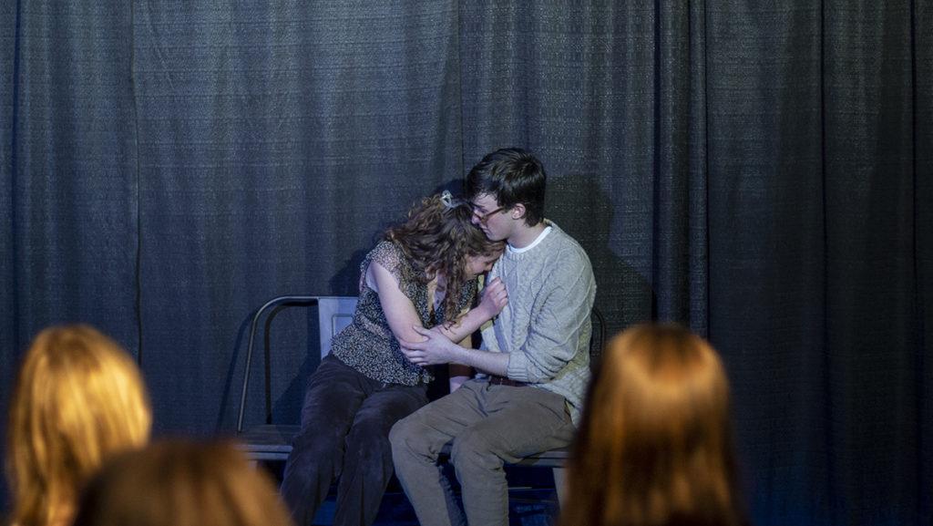 Freshmen+Chloe+Harris+and+Owen+Burns+embrace+one+another+in+a+scene+during+%E2%80%9CConstellations%2C%E2%80%9D+a+play+performed+by+IC+Second+Stage+on+March+25.+The+play+follows+the+endless+possibilities+of+the+characters%E2%80%99+relationship.