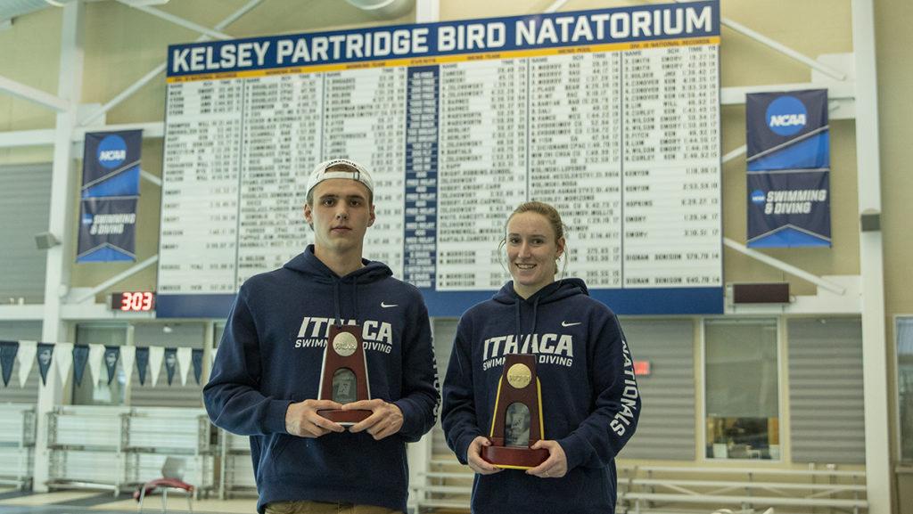 From left, freshman swimmer Jack Wadsworth and graduate student diver Ava Lowell, won NCAA titles at the Division III National Championships in Indianapolis, Indiana, on March 16–19.