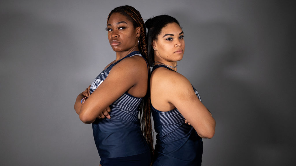 From left, senior Katelyn Hutchison and graduate student Ari Bernard will look to help bring the Ithaca College women’s track and field team a national title. The team is coming off a fourth-place finish at last year’s NCAA outdoor championships.