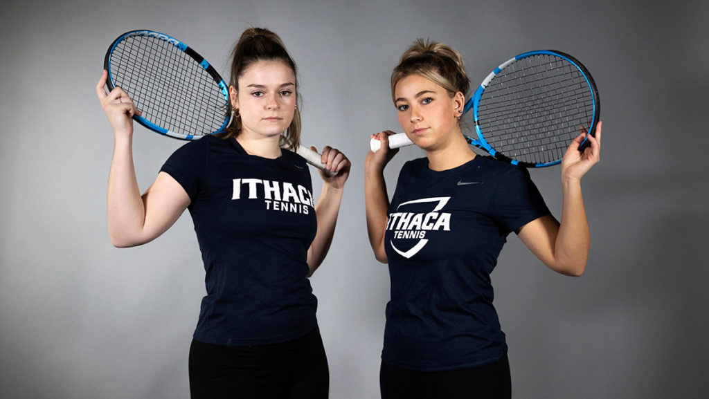 From left, juniors Rebecca Andrews and Zoe Davis, the captains of the Ithaca College womens tennis team. The team has been mentally preparing for the season by holding sessions with sports psychology students at the college.