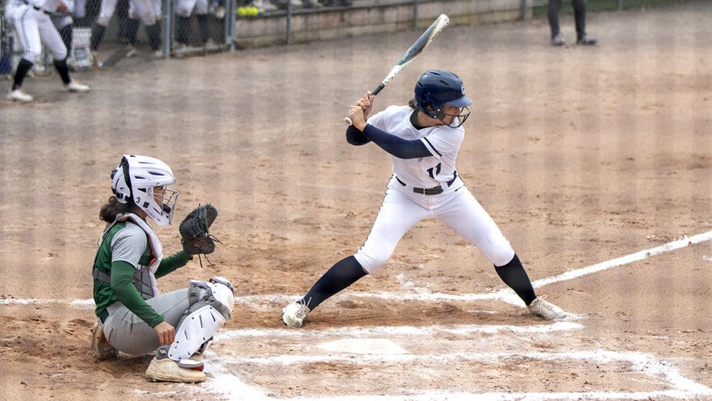 Junior Kailey Collins takes a swing during the Ithaca College softball teams doubleheader against Skidmore College on April 23 at Kostrinksy Field.