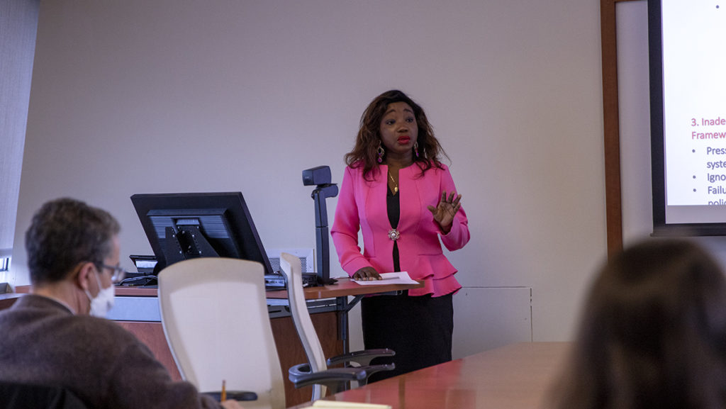 Lady Ajayi, visiting assistant professor in the Department of Politics and a 2021–22 American Association of University Women International Fellow, created the presentation from research she conducted centered around faith-based abuse in Nigeria.