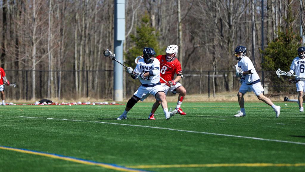 The Ithaca College mens lacrosse team suffered its second defeat of the year, snapping a seven-game win streak, after falling to St. Lawrence University 14–10 April 2.