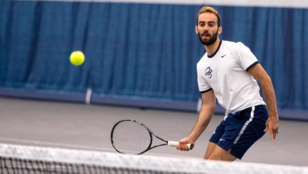 Graduate student Minos Stavrakas is originally from Athens, Greece, and is currently in his sixth year competing with the Ithaca College mens tennis team.