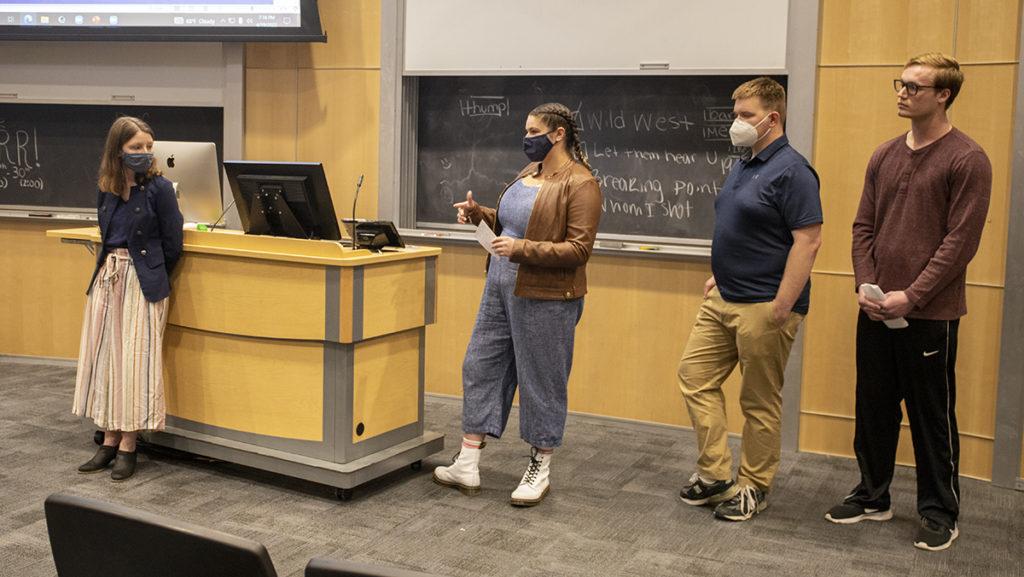 From left, juniors Grace Madeya, Tessa Kurtz, Maxwell Powers and sophomore James Zampetti give their platform presentation for the SGC executive board as IC United.