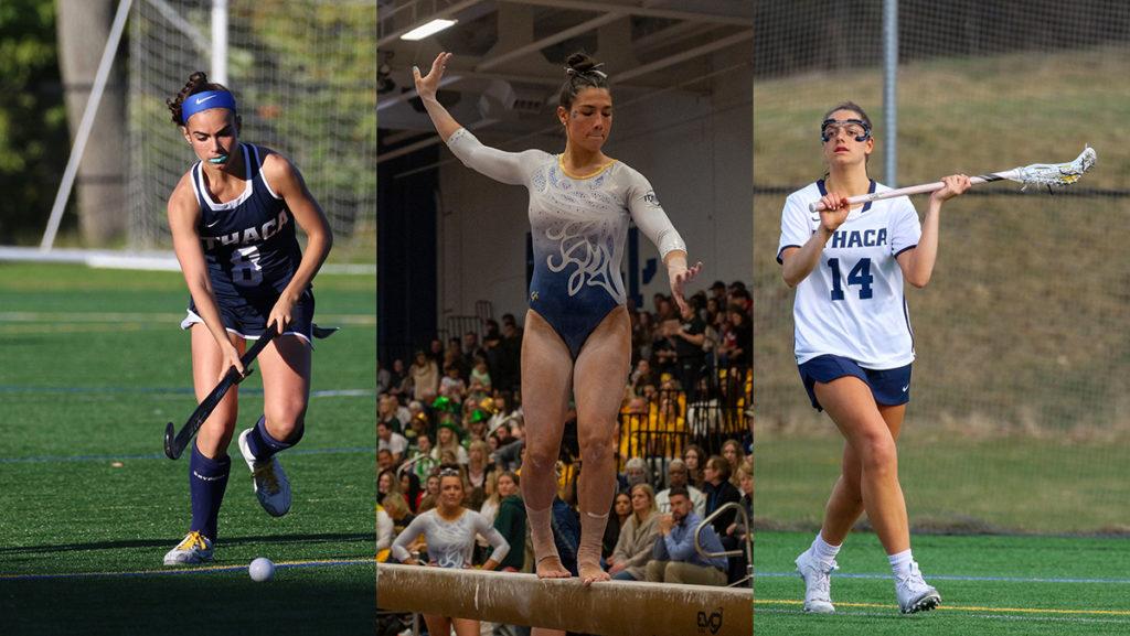 From left, junior midfielder Brianna Lennon, senior Julia O'Sullivan and sophomore attacker Maizy Veitch compete in their respective sports. The Ithaca College field hockey, gymnastics and women's lacrosse teams were among the 10 programs that received funding from this donation. 